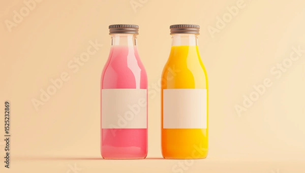 Fototapeta Two juice bottles with blank labels in pink and orange stand on a beige background.