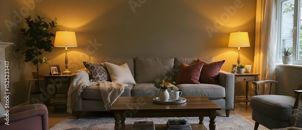 Fototapeta Cozy home interior with sofa, coffee table, and warm lighting Used widely in real estate and lifestyle content.