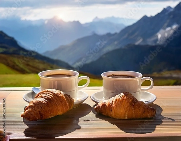 Fototapeta two cups of coffee and two croissants on a table in front of a mountain scene is peaceful and relaxing