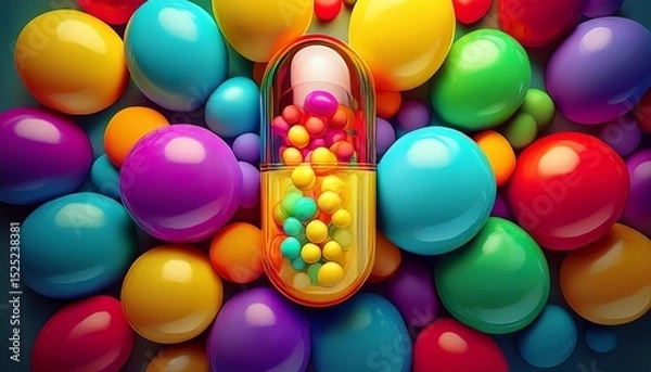 Fototapeta a pill is surrounded by a bunch of colorful balloons the pill is yellow and the balloons are red blue green and purple concept of celebration and joy as the balloons