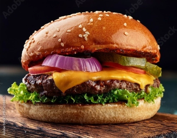 Fototapeta close up of delicious burger featuring juicy beef patty fresh lettuce sliced onions and melted cheese all nestled in sesame seed bun evokes mouthwatering experience