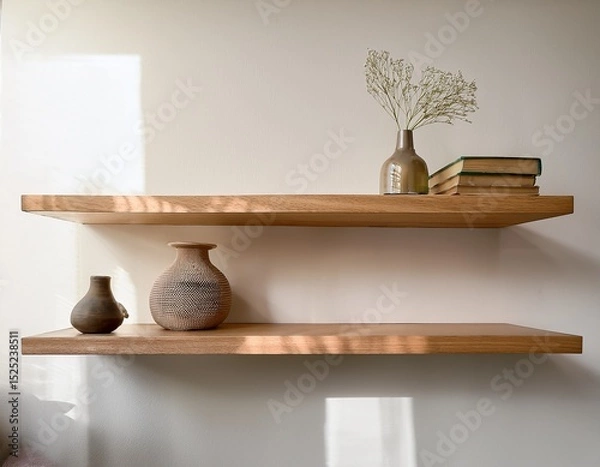 Fototapeta these two wooden shelves adorned with books and a vase represent a minimalist aesthetic and functional decor that combines style with practicality in a modern living space