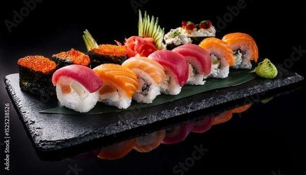Fototapeta beautifully arranged sushi platter on dark slate plate featuring variety of colorful sushi pieces including salmon tuna shrimp and vegetables creating appetizing presentation