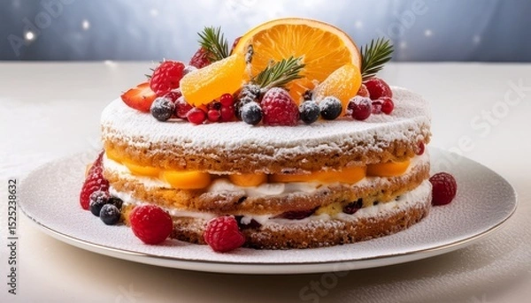 Fototapeta a beautifully layered fruit cake dusted with powdered sugar and topped with fresh berries and orange slices sitting elegantly on a white plate