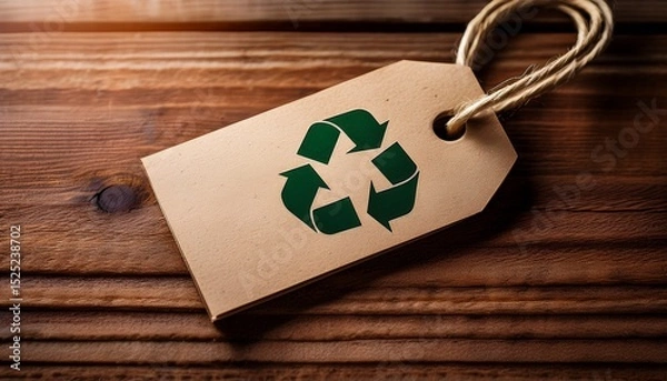Fototapeta close up of recycled paper tag featuring recycling symbol resting on textured wooden surface conveying eco friendly message and sustainability