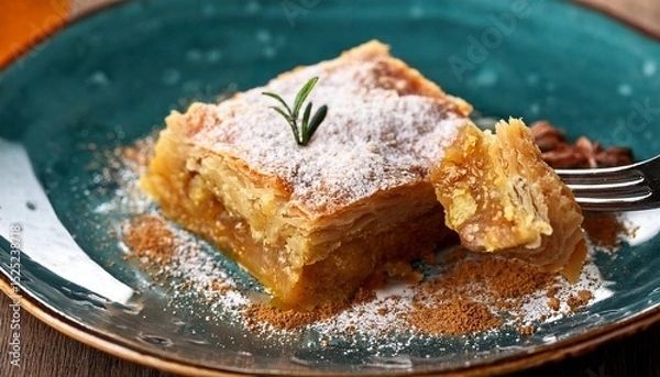 Fototapeta close up of a fork picking a piece of delicious chicken pastilla a traditional moroccan dish sprinkled with powdered sugar and cinnamon