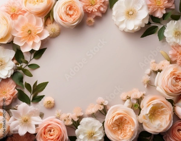 Fototapeta border of blooming flowers in peach and ivory tones with space for text