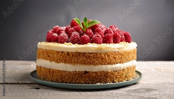 Fototapeta a decadent layered cake topped with raspberries and defined by its creamy frosting and crumbled topping showcasing an indulgent dessert perfect for any gathering or occasion