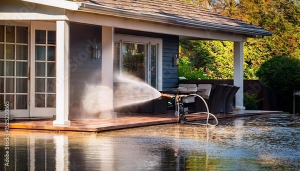 Fototapeta high resolution image of house exterior being pressure washed showcasing clean patio area with reflections on wet surface scene conveys sense of freshness and maintenance