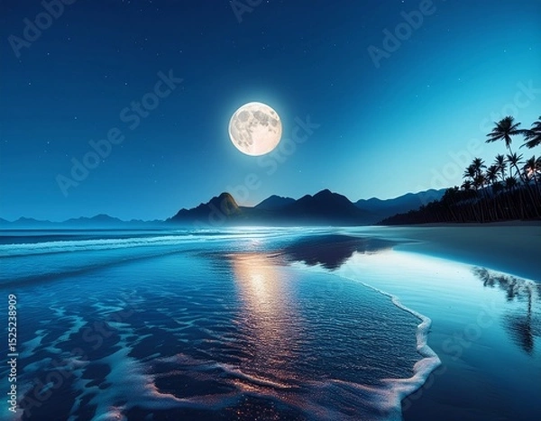 Fototapeta smartphone wallpaper tranquil beach at night with full moon reflection on water soft waves mountains palm trees silhouetted against the sky serene and peaceful scene for mobile phone backgrounds