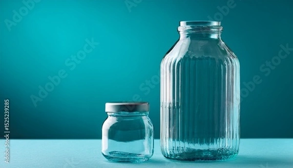 Fototapeta empty glass bottle on turquoise background studio shot of a clean jar container on blue table mockup for beverage liquid food ingredient product for branding design