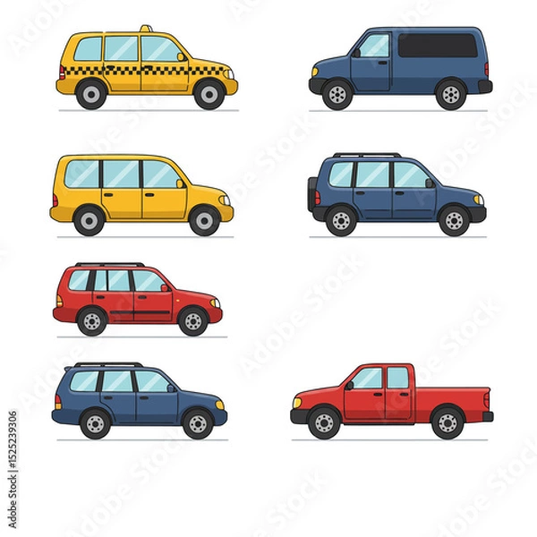 Fototapeta Set of cars top view. Icons or stickers with city vehicle for driving. Illustrations with automobile for transportation.  Cartoon flat vector collection isolated on white background