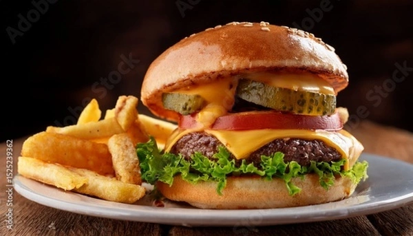 Fototapeta a delicious cheeseburger stacked with a juicy patty melted cheese fresh lettuce tomato and pickles all inside a sesame seed bun served with crispy fries