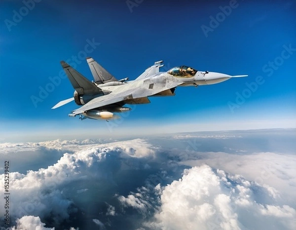 Fototapeta modern fighter jet soaring through the clouds at high altitude during a clear day