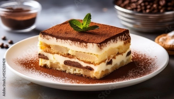 Fototapeta a delicious slice of tiramisu on a white plate layered with mascarpone chocolate and ladyfinger biscuits cocoa powder dusted generously on top