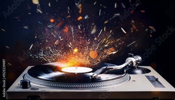 Fototapeta a dj s turntable explodes vinyl shards spinning off into space