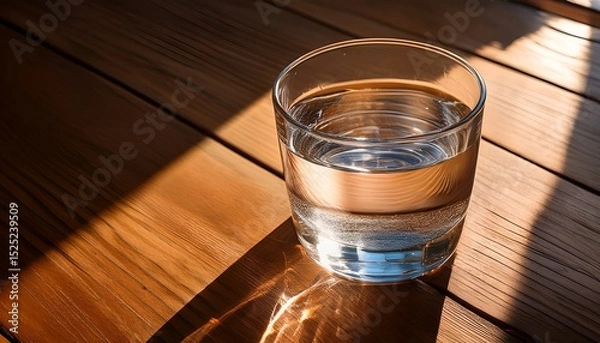 Fototapeta a vibrant glass of water reflects warm sunlight casting beautiful shadows on a wooden surface highlighting a serene and refreshing atmosphere for relaxation and calm