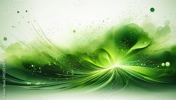 Fototapeta a mystical blend of glowing green particles radiating light and motion forming an abstract dreamlike atmosphere on a white background