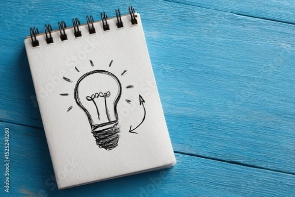 Fototapeta Creative sketch of a lightbulb and arrow on a notepad symbolizes innovative ideas and business development strategies for aspiring entrepreneurs