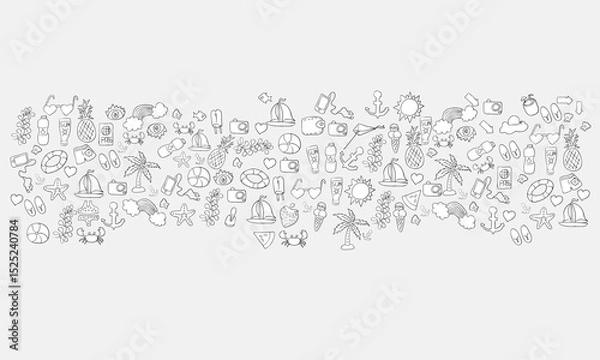 Fototapeta summer symbols and objects a concept of balancing life holiday at sea, drawing by hand vector.