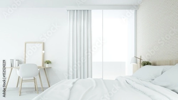 Fototapeta The interior minimal bedroom space in condominium and decoration white background - 3D Rendering