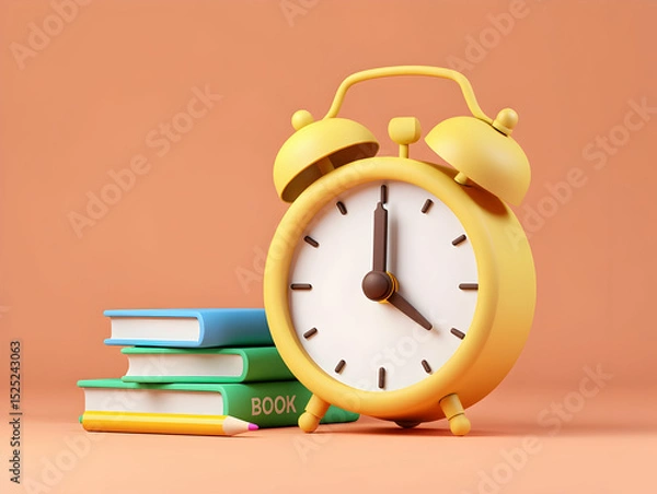 Fototapeta Back to School Alarm Clock with Stack of Books and Pencil