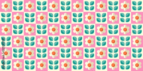 Fototapeta Charming Retro Floral Pattern: Pink and Teal Flower Design