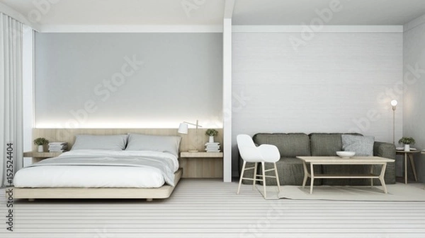 Fototapeta The interior minimal bedroom space in condominium and decoration white background - 3D Rendering