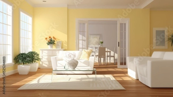 Fototapeta Bright Airy Living Room Interior with Yellow Accents and Modern Furniture - Natural Light and Floral Decor.