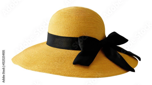 Fototapeta Summer Chic: A stylish straw hat with a wide brim, adorned with a contrasting black ribbon and bow, exuding timeless elegance and vacation vibes.