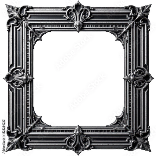 Fototapeta ornate art deco frame with intricate linear patterns and stepped edges, silver and black color scheme, on transparent background
