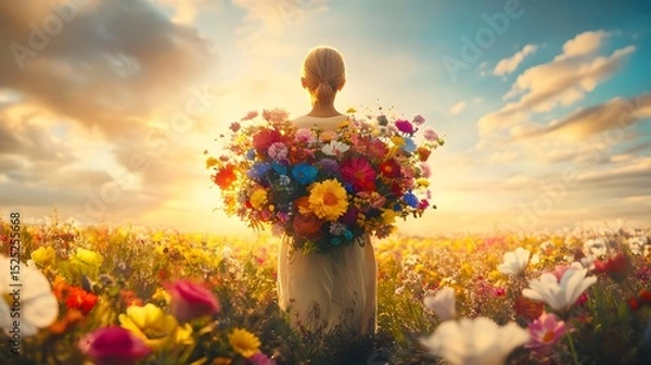 Fototapeta A person holding a bouquet of colorful flowers with a peaceful smile standing in a sunlit field