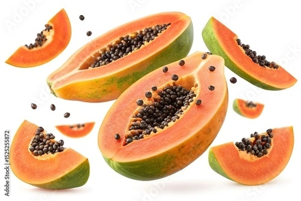 Fototapeta Floating Papaya Slices on White Background – Vibrant Tropical Fruit Display for Culinary and Wellness