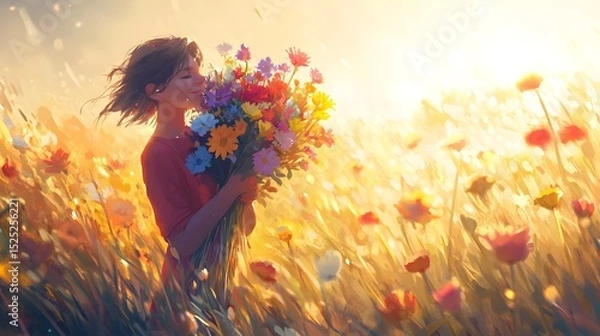 Fototapeta A person holding a bouquet of colorful flowers with a peaceful smile standing in a sunlit field