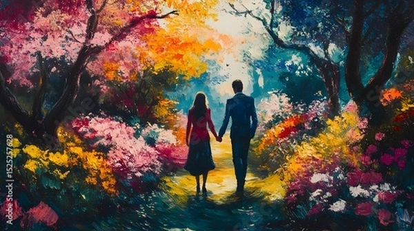 Fototapeta A couple sitting together on a bench by the lake with arms around each other and content expressions