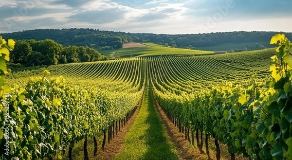 Fototapeta Panoramic View of French Vineyards with Lush Green Grapevines and Rolling Hills Under Bright Summer Sunlight