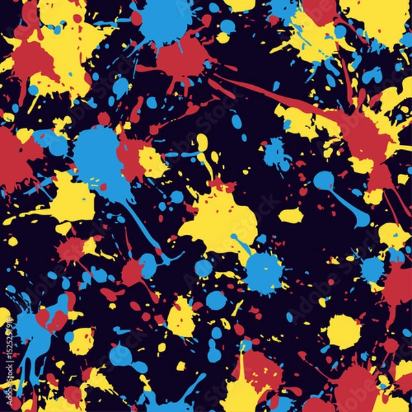 Fototapeta Paint splatter pattern with vibrant primary colors on a dark background. Abstract red, yellow, and blue ink splashes create a fun, energetic design for parties or textiles.