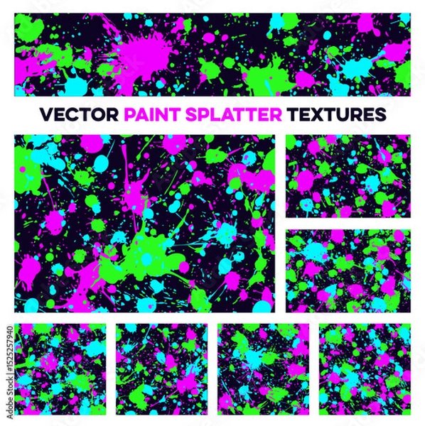 Fototapeta Set of seamless vector paint splatter textures. Abstract backgrounds with vibrant, colorful neon ink splashes in pink, green, and blue on a dark backdrop.