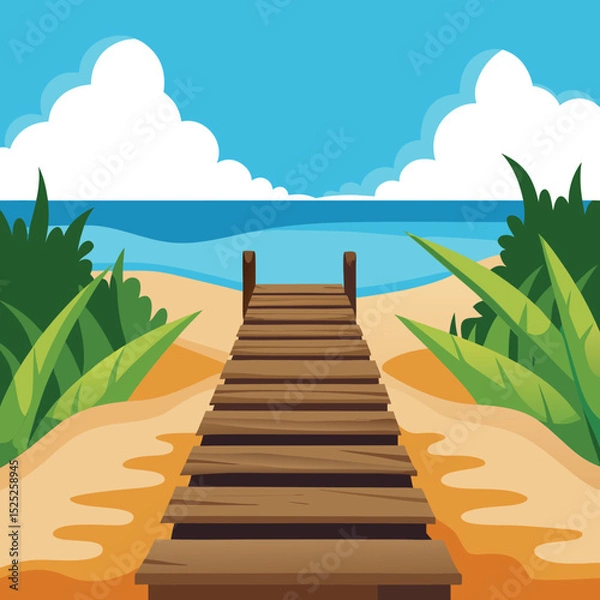 Obraz A Wooden Pathway With Stairs Leading Down To A Bea