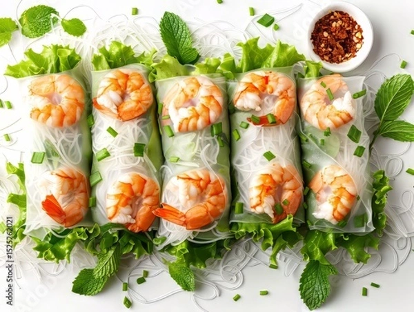 Fototapeta Fresh spring rolls with shrimp and herbs on white background