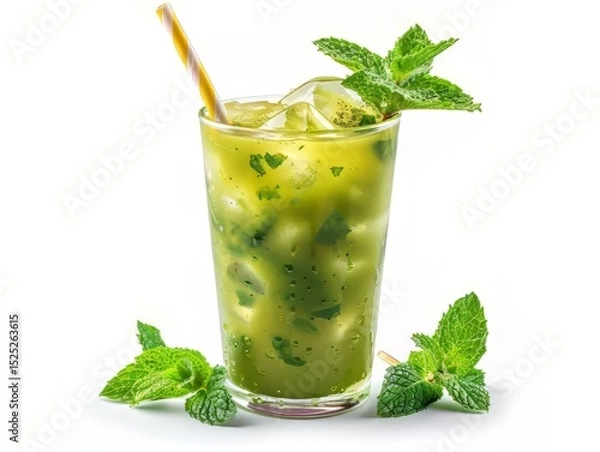 Fototapeta Iced Matcha Latte with Mint and Ice Cubes