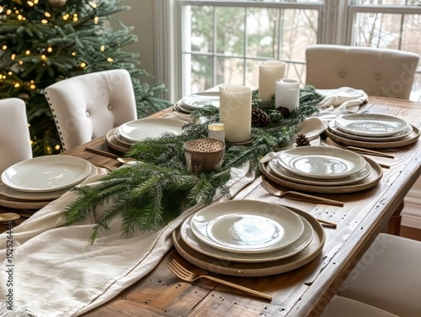 Fototapeta Festive Table Setting with Candles and Pine Branches