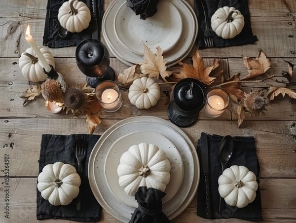 Fototapeta Autumn Table Setting with White Pumpkins and Black Cutlery