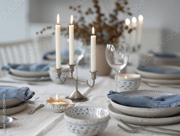 Fototapeta Elegant Winter Table Setting with Blue Accents and Candles