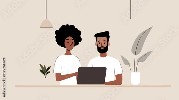 Fototapeta Couple collaborating on laptop at modern workspace with plants  