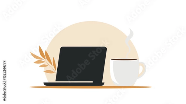 Fototapeta Minimalist office desk with laptop and coffee cup in soft colors  