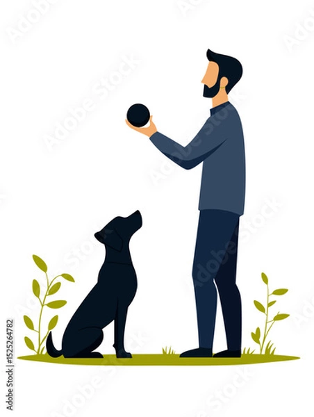 Fototapeta Man playing with black dog in a green park during the daytime  