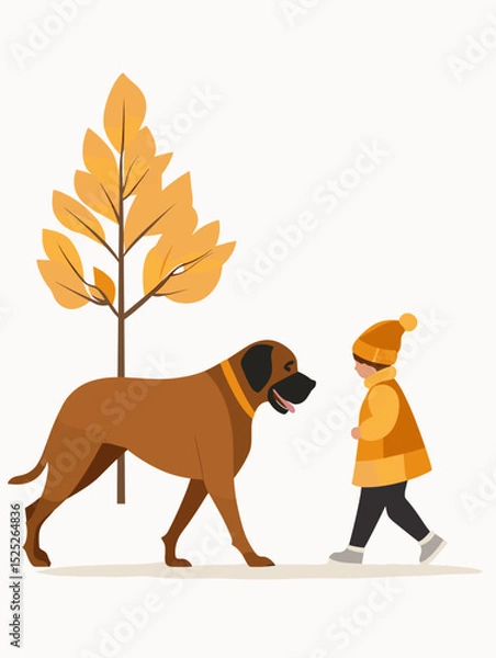 Fototapeta Young child walking happily with a large dog in autumn scenery  
