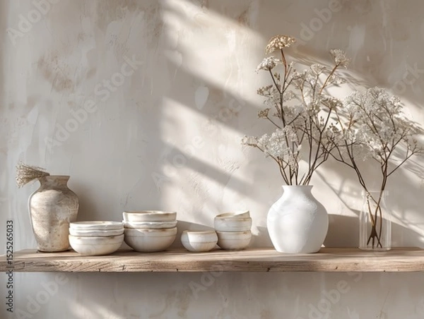 Fototapeta Minimal White Vases with Dried Flowers on Shelf in Sunlight