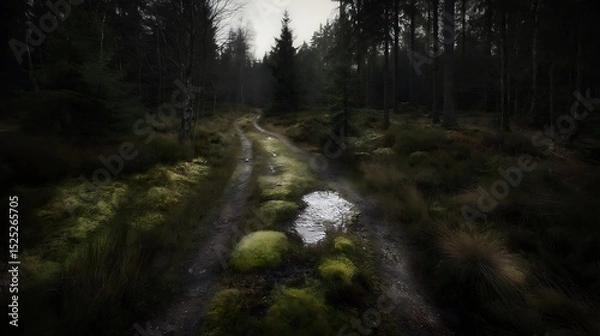 Fototapeta Gloomy forest path with standing water